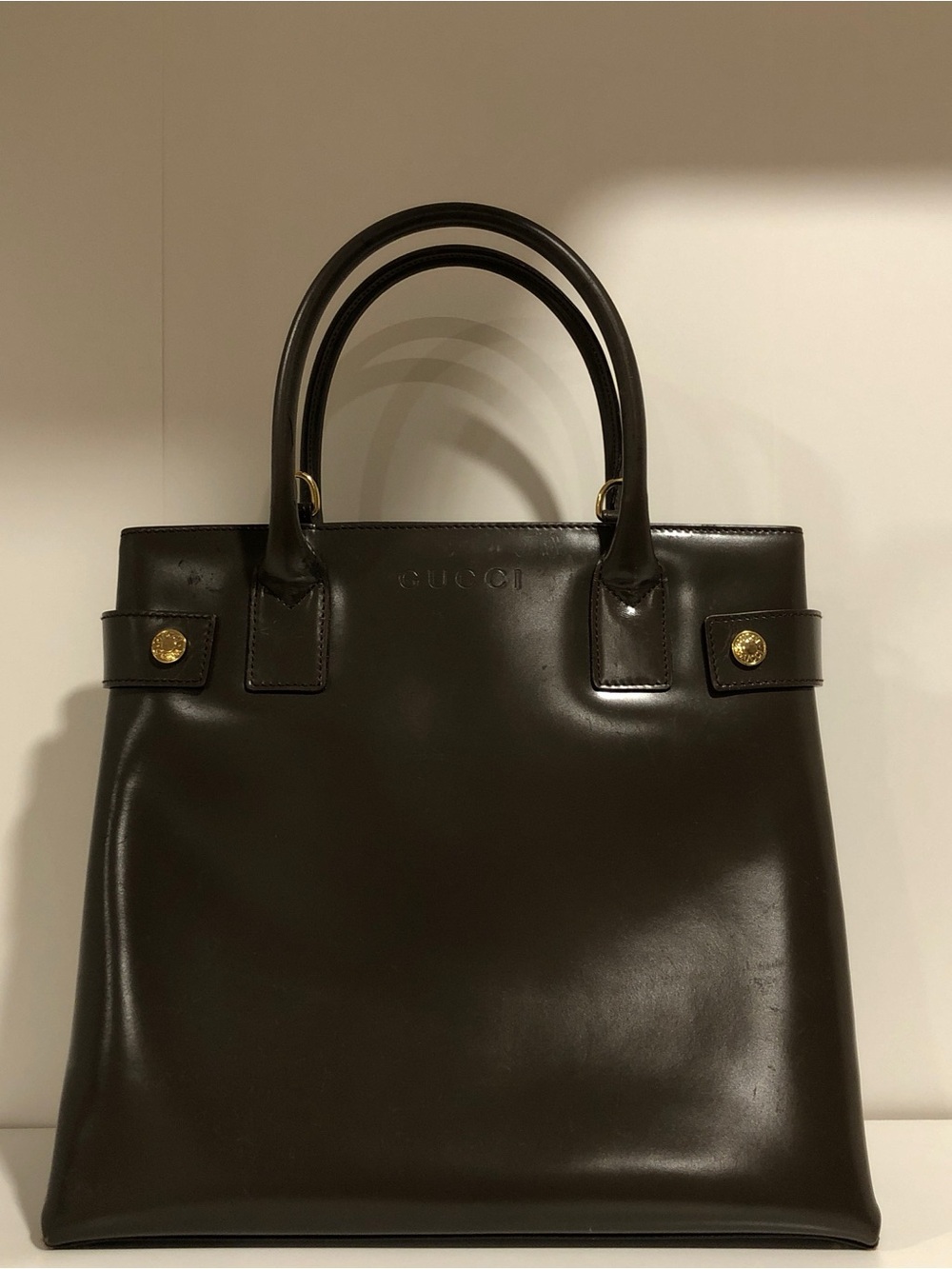 Vintage Gucci Dark Brown Patent Leather Top-Handle Bag with Gold Hardware